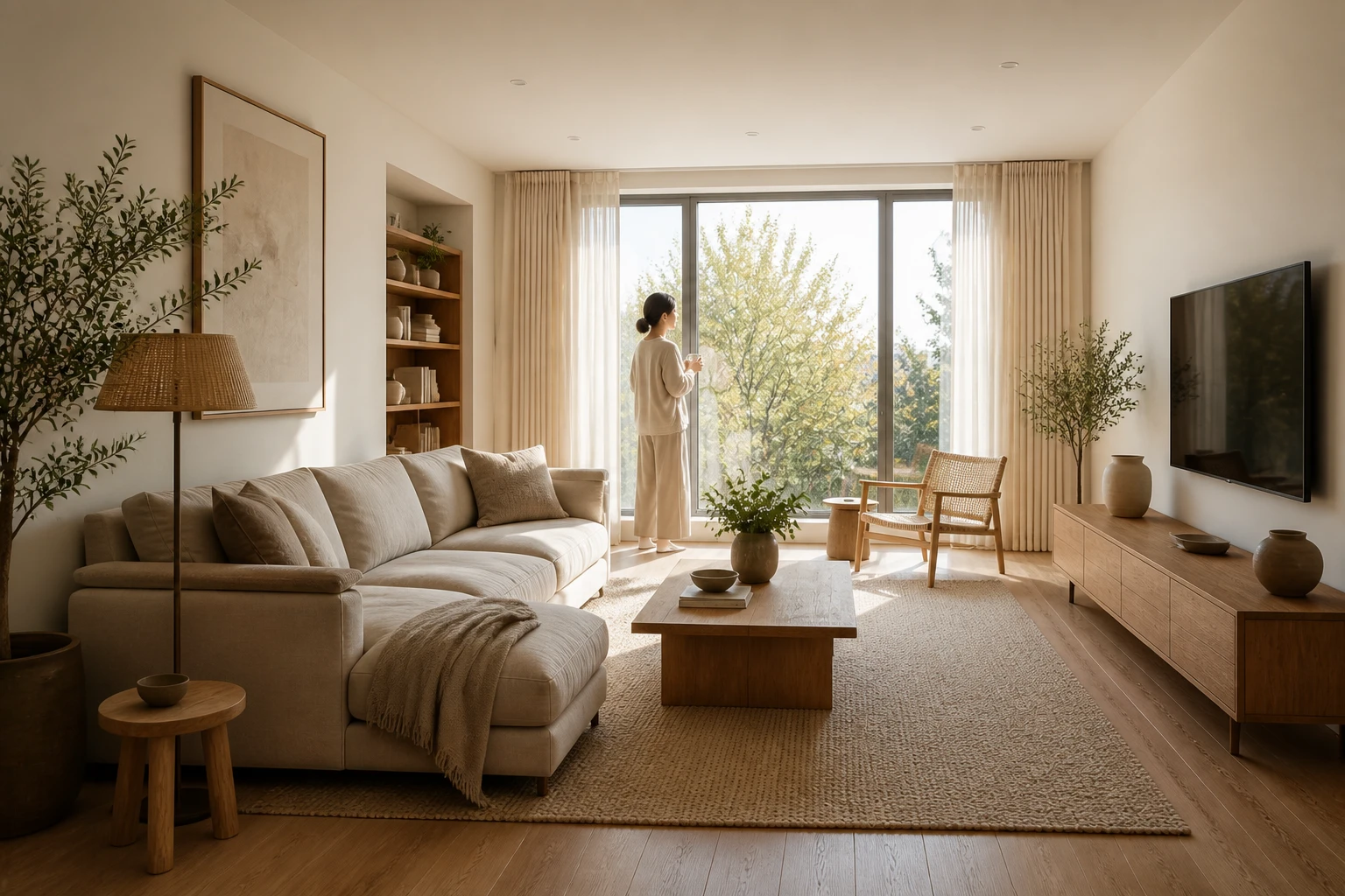 Warm modern apartment living room with beige sofa, oak furniture, and a woman standing by the window in bright midday light