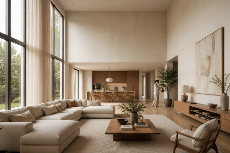 Grand warm modern open-plan living room with a woman watering a plant near the oak kitchen