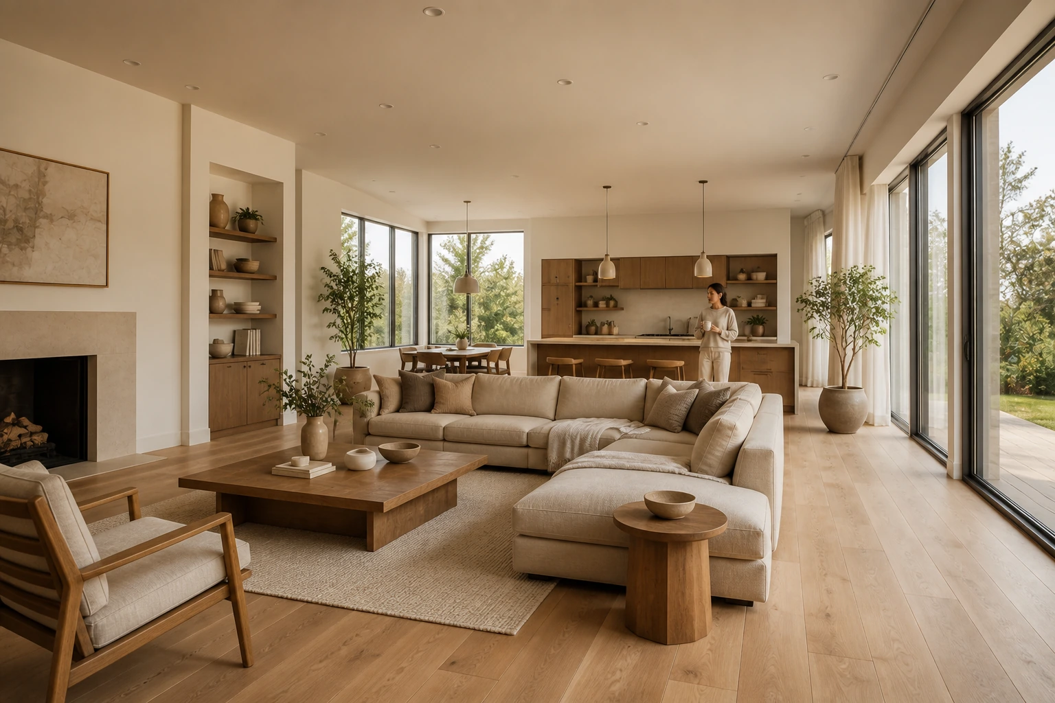 Large warm modern open-plan living room with beige modular seating and an adult resident at the distant oak kitchen island