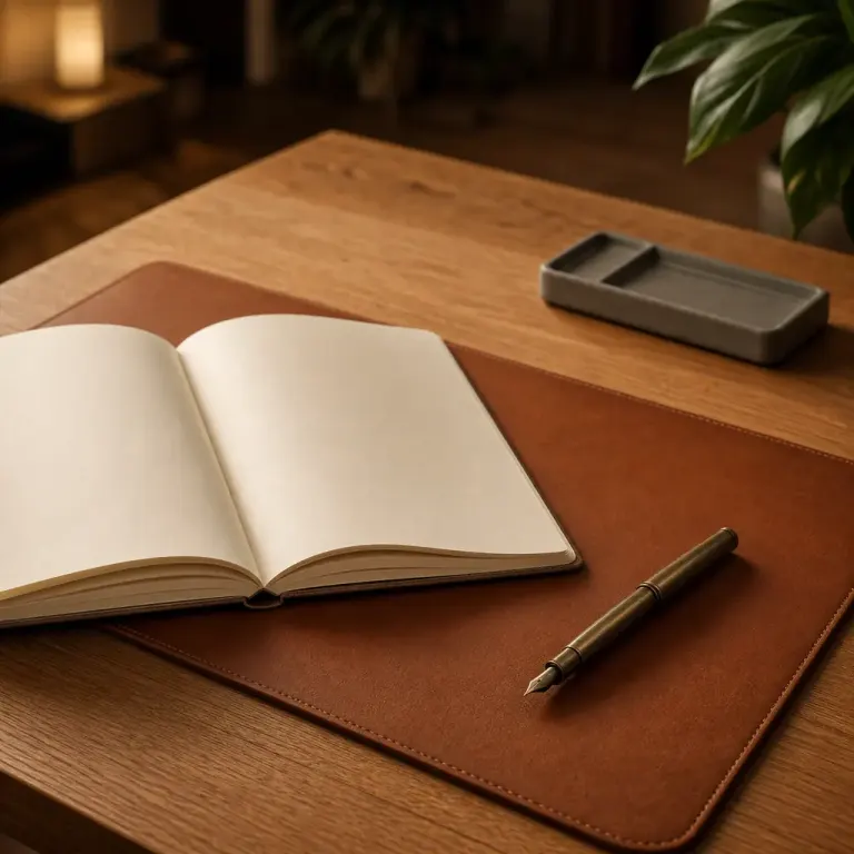 Warm oak workspace with an open cream notebook and brass pen on a cognac leather desk mat in evening light