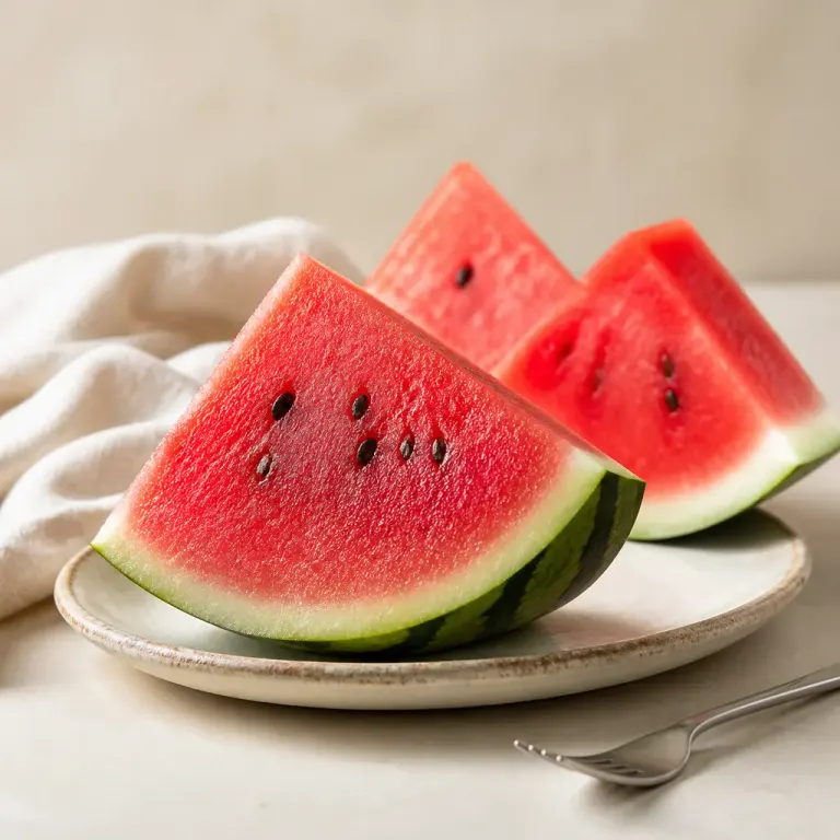 Fresh watermelon wedges with moisture beads on a beige ceramic plate