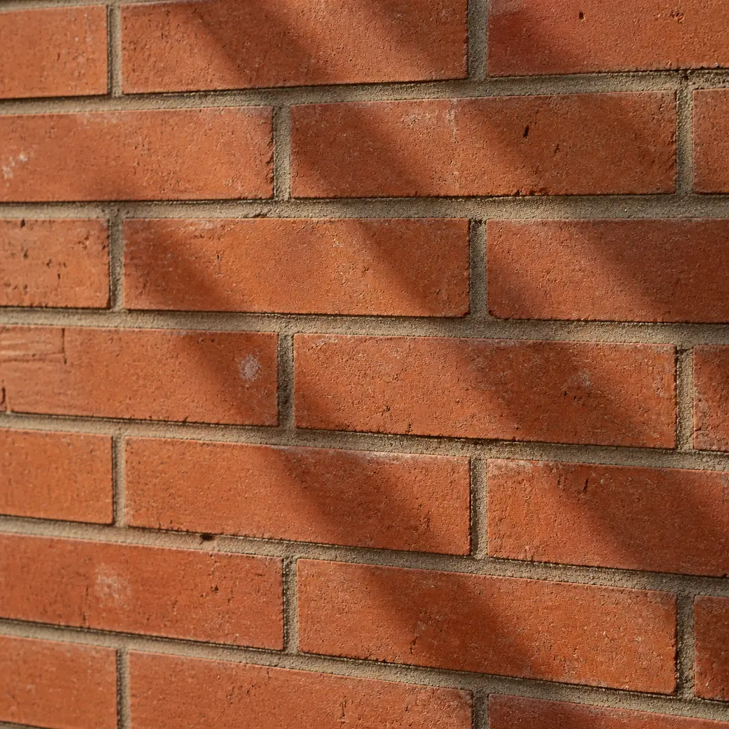Weathered red brick wall with repeating mortar joints, soft cast shadow, and shallow front-plane focus