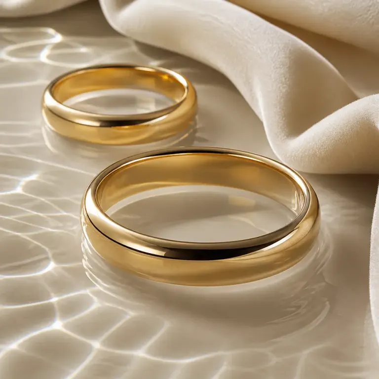 Pair of polished gold wedding bands in shallow water beside ivory velvet photographed with a 100mm macro lens