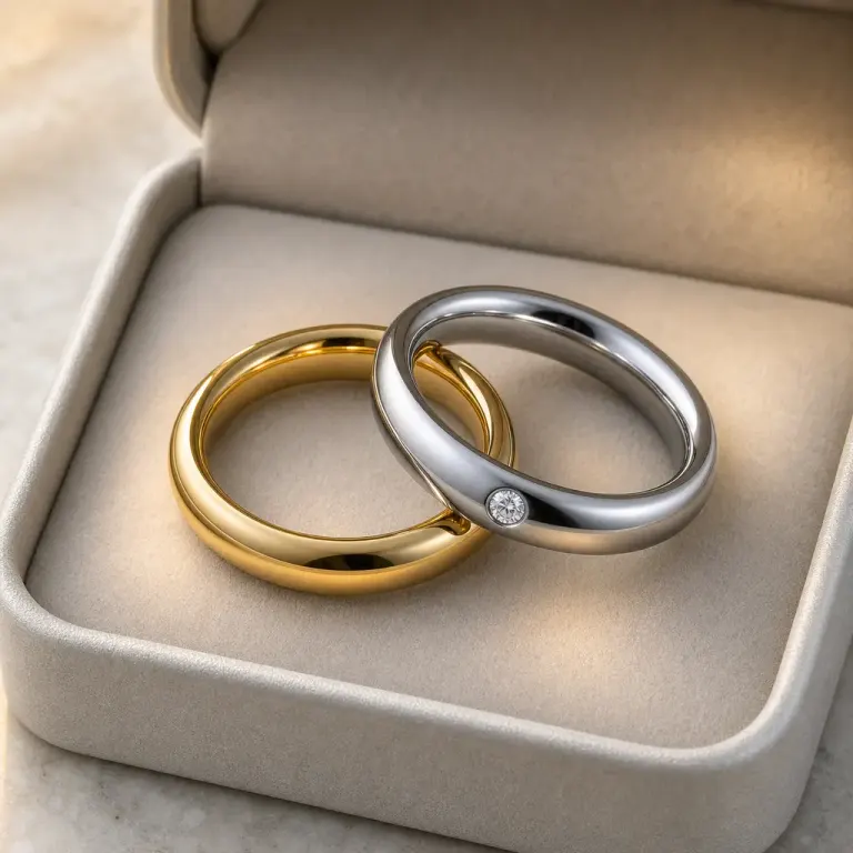 Yellow-gold and platinum wedding bands with one flush-set gemstone in an open case on pale stone