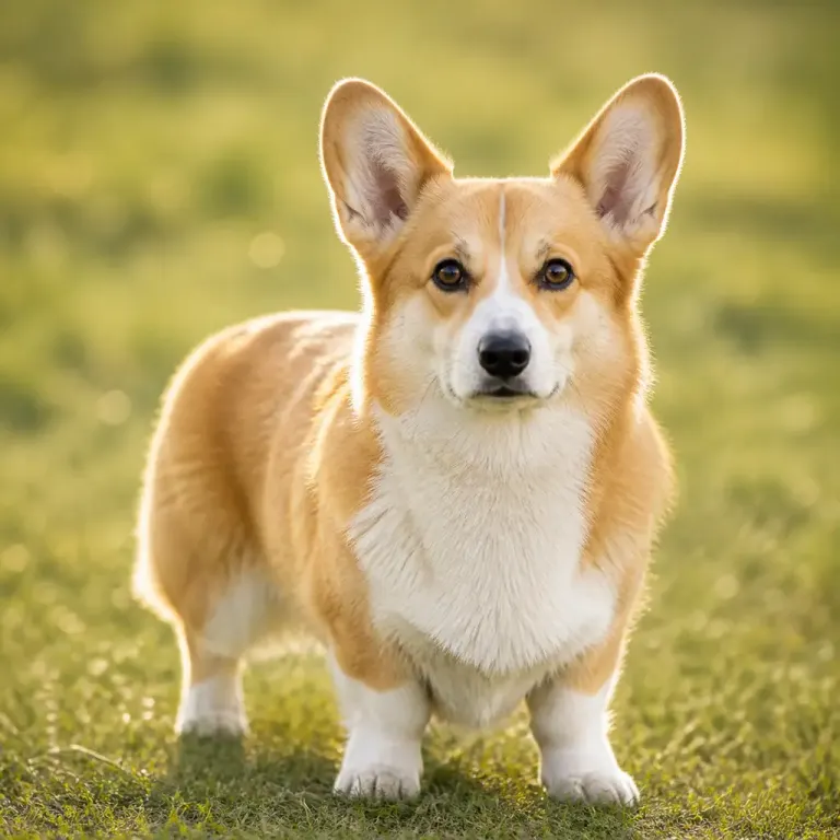 Adult Welsh corgi standing front-facing in a softly blurred meadow with backlit fur edges
