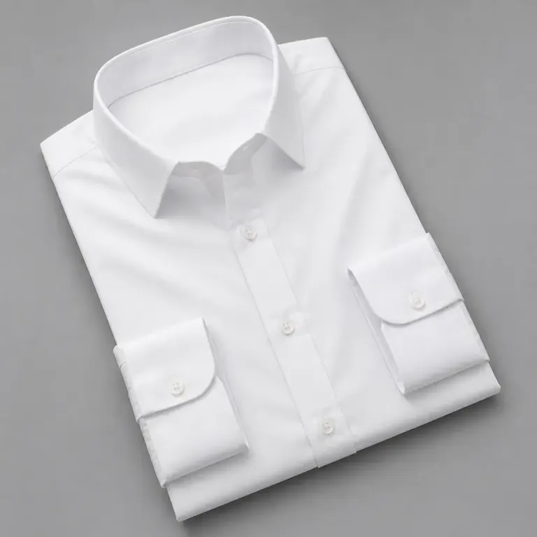 Folded white cotton button-front shirt on a light gray gradient background
