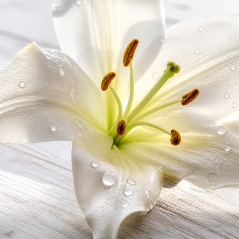 Close-up of a backlit white lily with water droplets and sharp orange stamens on bleached wood