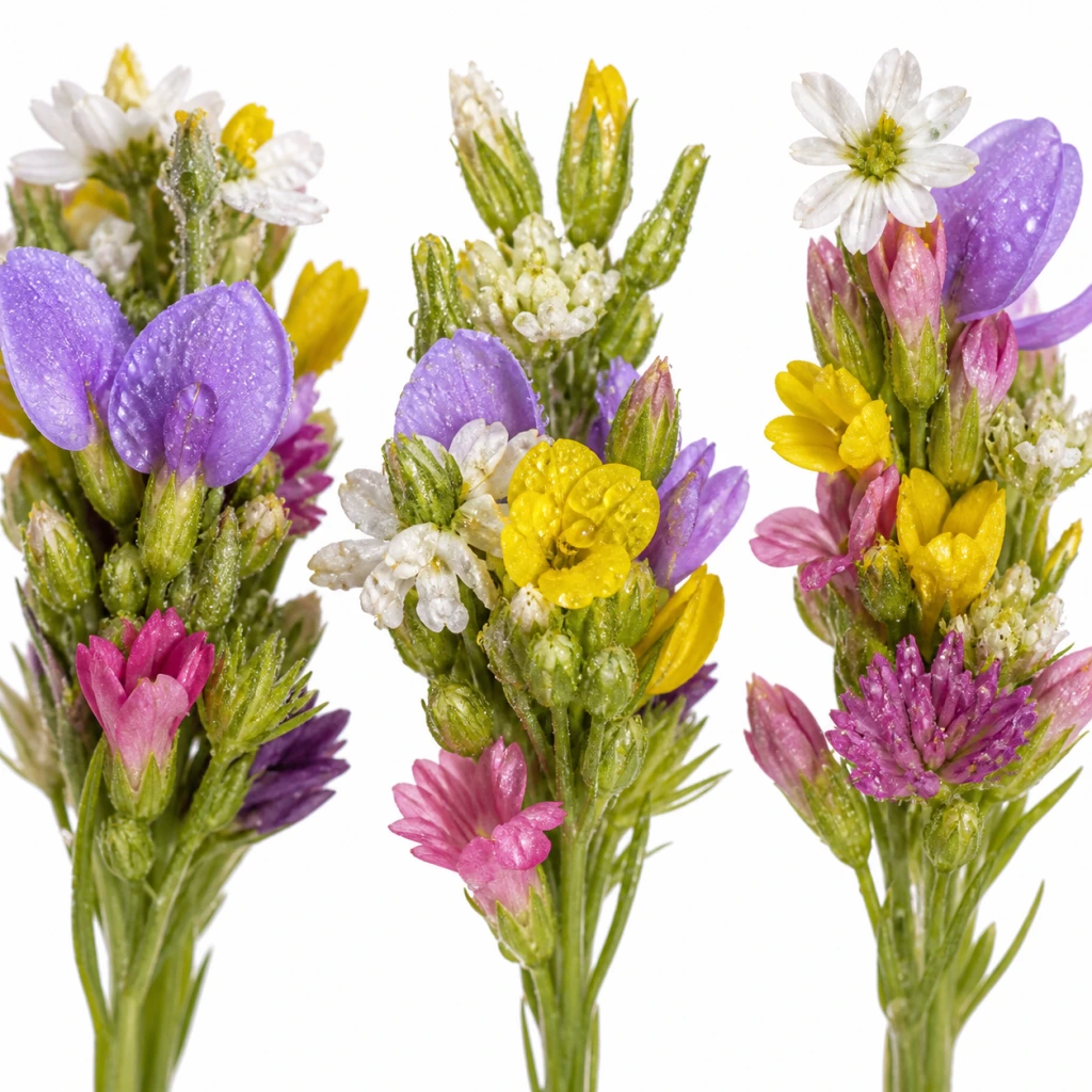 Extreme close-up of three colorful wildflower clusters with water droplets aligned on a pure white background