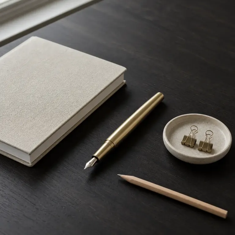 Window-lit ivory notebook, brass fountain pen, ceramic clip tray, and wood pencil arranged on a dark desk