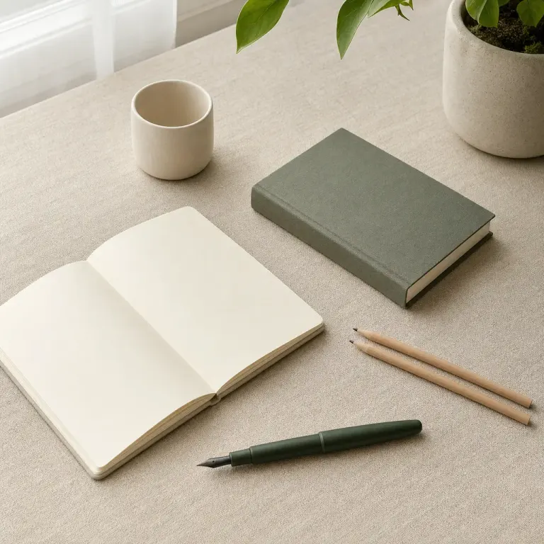 Window-side linen-covered desk with an open notebook, pencils, fountain pen, book, ceramic cup, and green leaves in even natural light