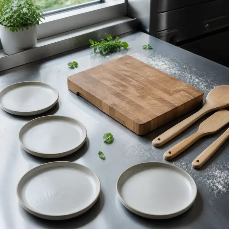 Wood cutting board, wooden tools, and ceramic plates on a stainless counter in cool morning light