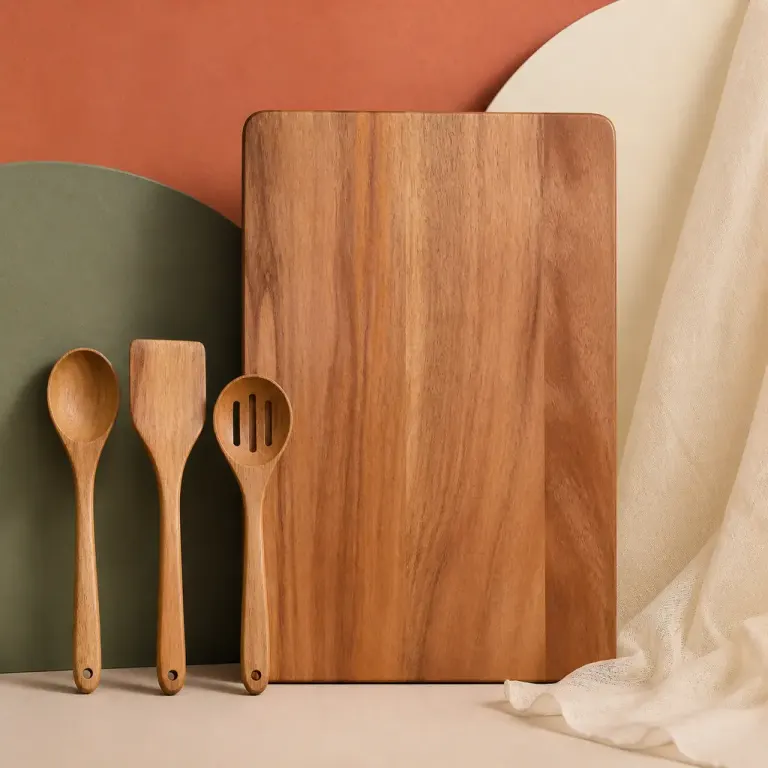 Wood cutting board and three utensils against muted terracotta, sage, and cream paper with side lighting