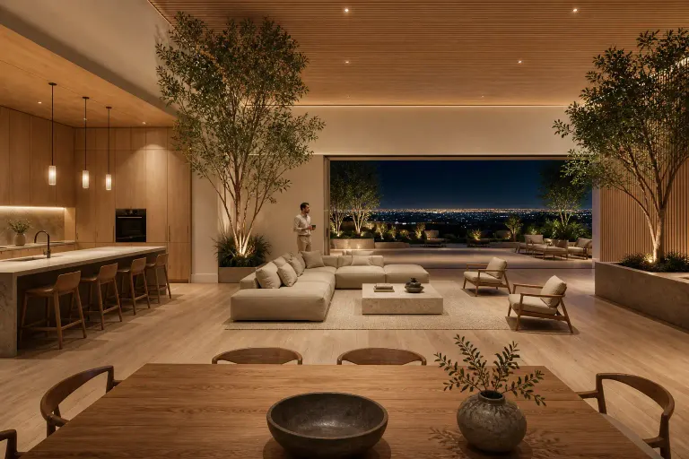 Expansive wood-tone open-plan living room and kitchen opening to a garden at evening with a man holding coffee