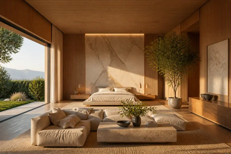 Unoccupied wood-toned mountain master suite with a marble headboard and garden open at golden hour
