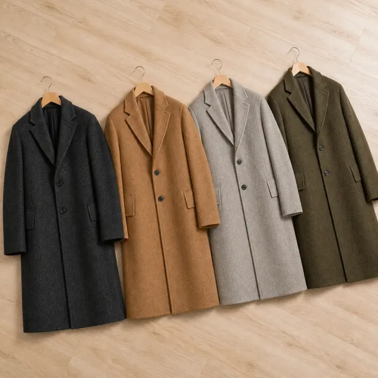 Four charcoal, camel, gray, and olive brushed wool overcoats on wooden hangers arranged on a pale oak floor